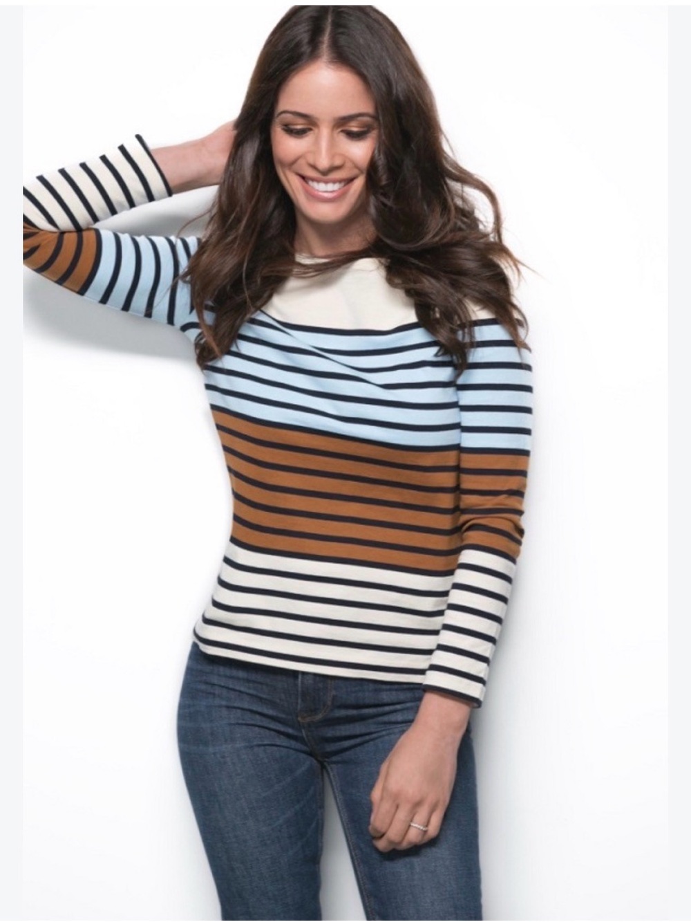 J.Crew preppy nautical cotton Multicolor Stripe Boat Neck Long Sleeve Tee size L